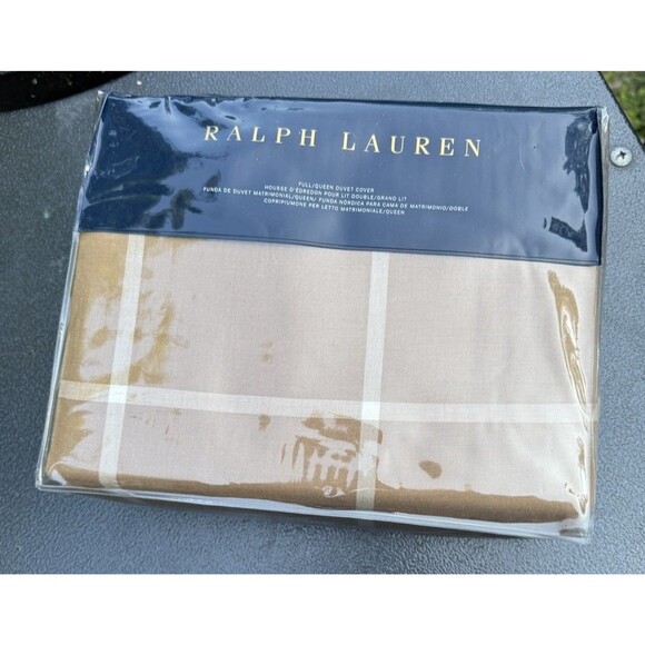 RALPH LAUREN MODERN EQUESTRIAN WINDOWPANE Plaid camel cream Queen DUVET New - Picture 2 of 5